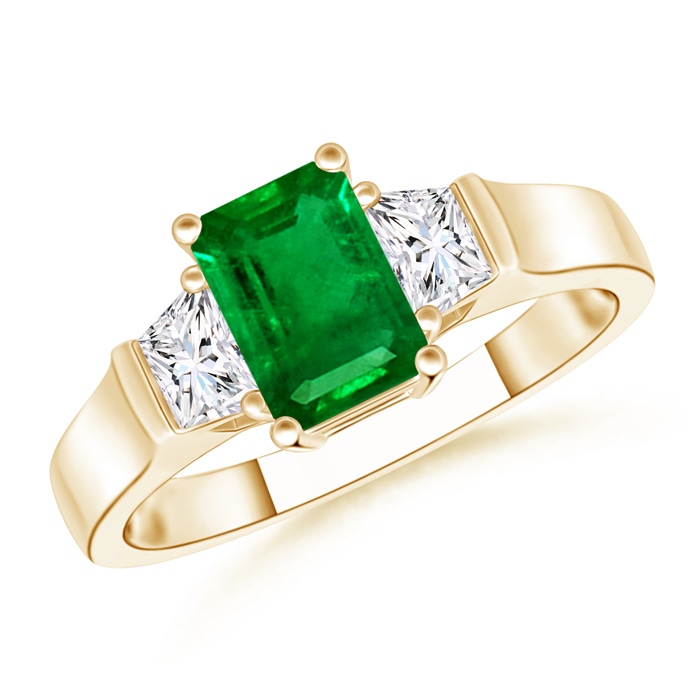 7x5mm AAAA Emerald-Cut Emerald and Trapezoid Diamond Three Stone Ring in Yellow Gold 