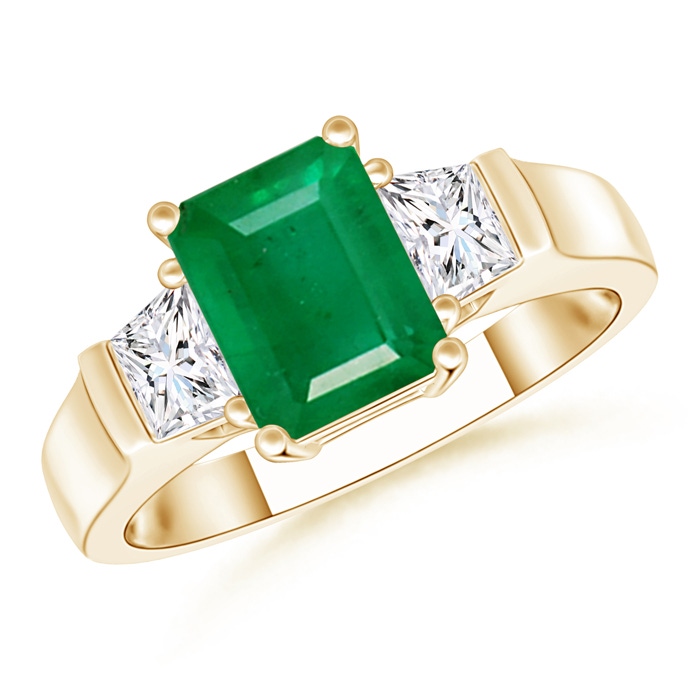8x6mm AA Emerald-Cut Emerald and Trapezoid Diamond Three Stone Ring in Yellow Gold 