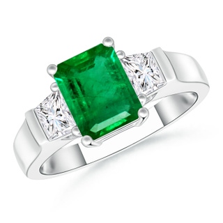 8x6mm AAA Emerald-Cut Emerald and Trapezoid Diamond Three Stone Ring in 9K White Gold