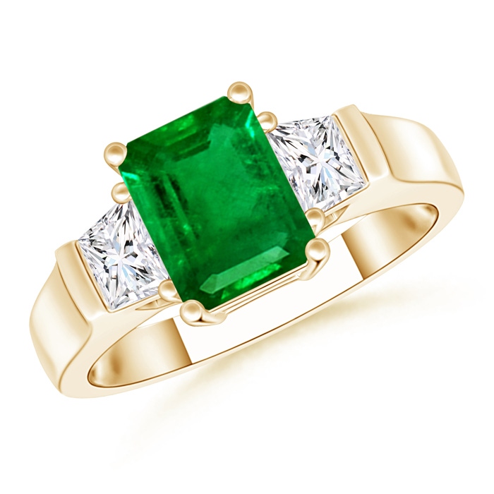 8x6mm AAAA Emerald-Cut Emerald and Trapezoid Diamond Three Stone Ring in Yellow Gold 