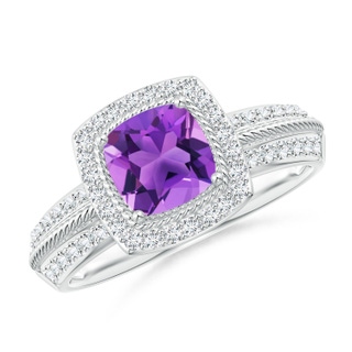 6mm AAA Twisted Rope Cushion Amethyst Halo Ring in 9K White Gold