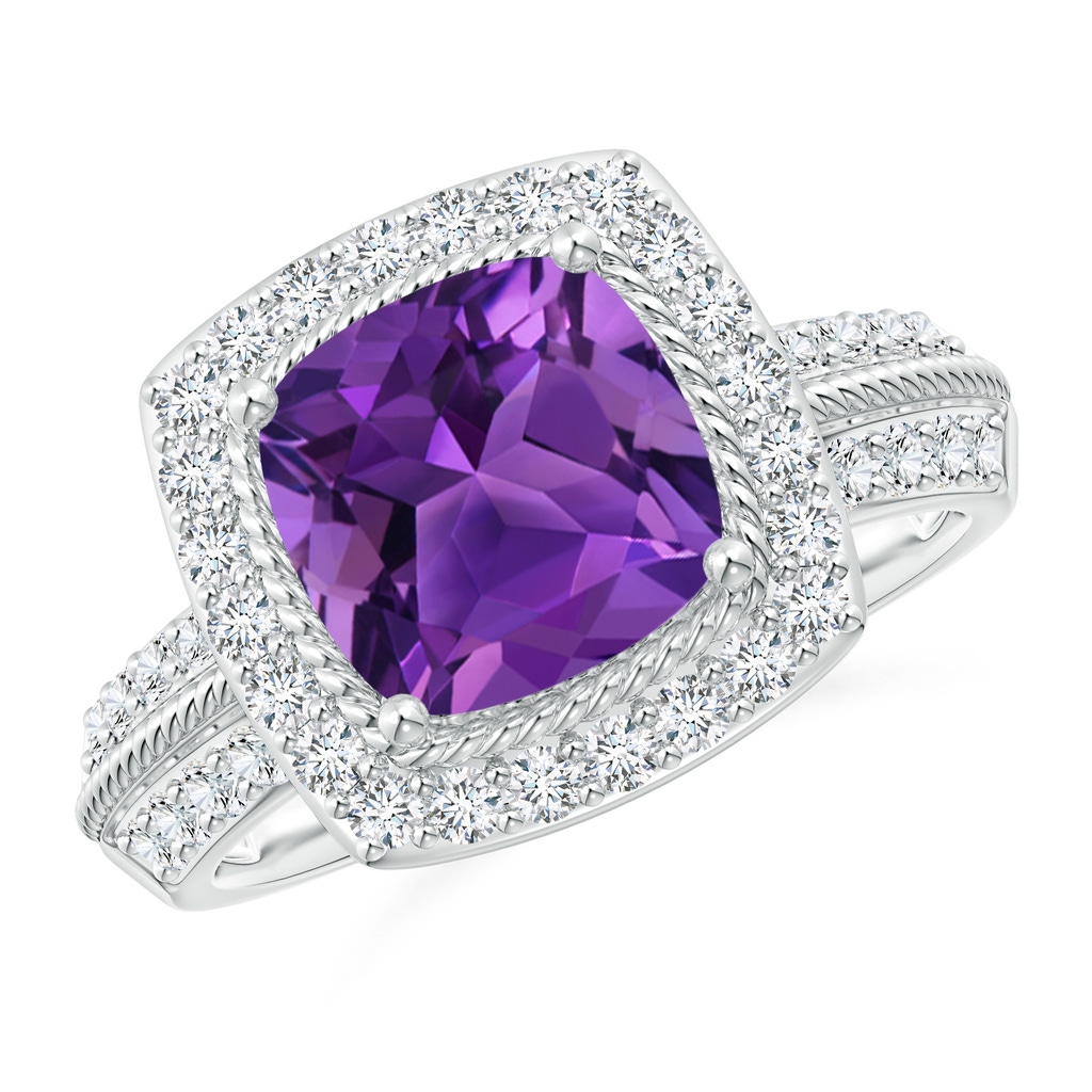 8mm AAAA Twisted Rope Cushion Amethyst Halo Ring in P950 Platinum
