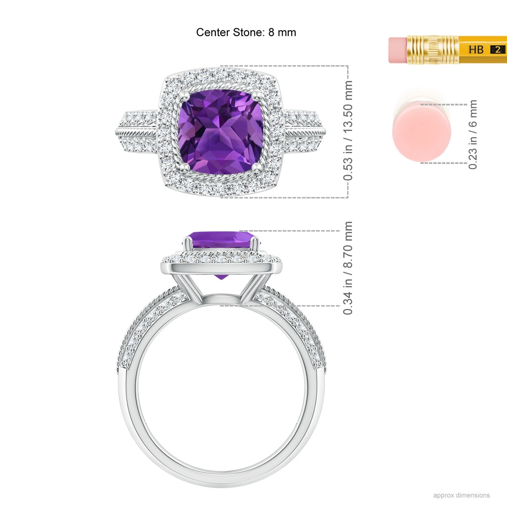 8mm AAAA Twisted Rope Cushion Amethyst Halo Ring in P950 Platinum Ruler