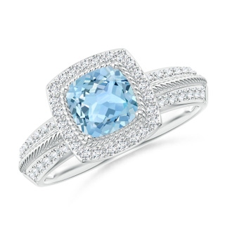 6mm AAA Twisted Rope Cushion Aquamarine Halo Ring in White Gold