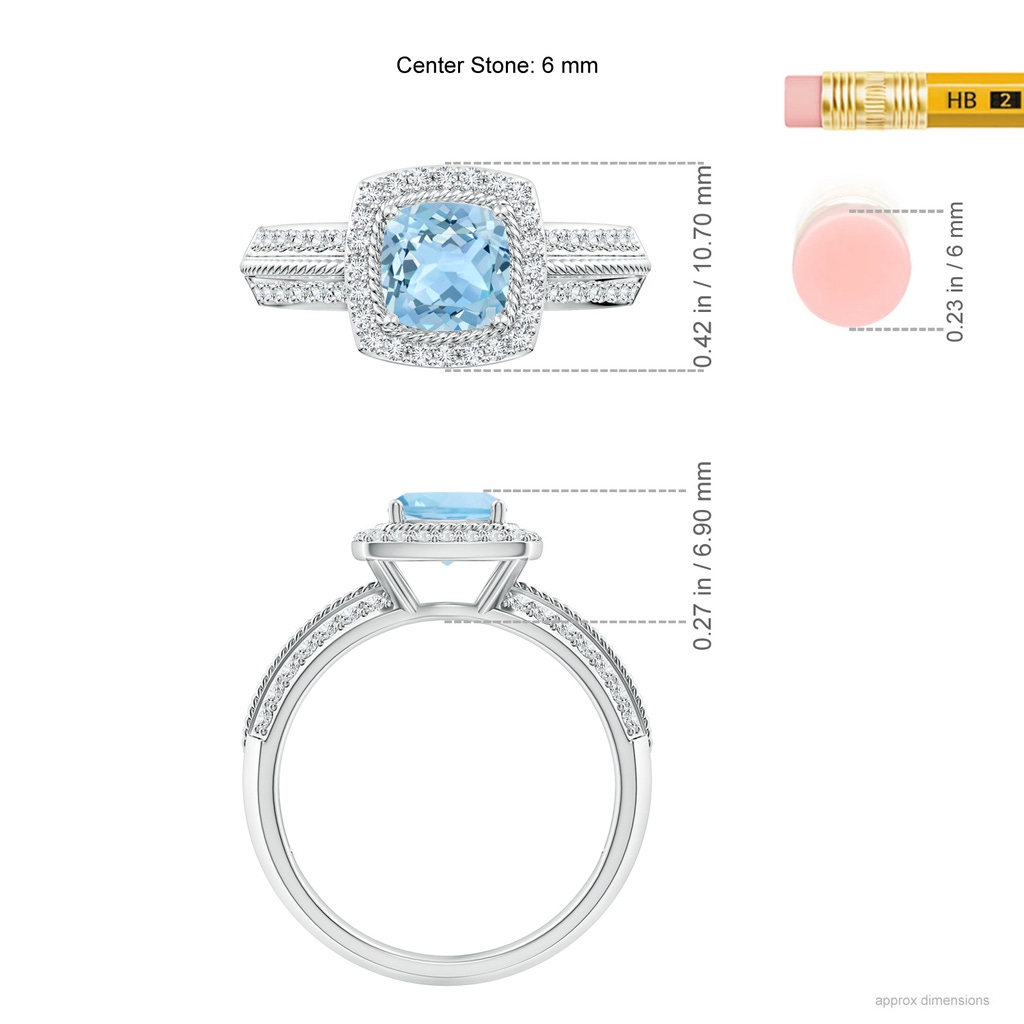 6mm AAA Twisted Rope Cushion Aquamarine Halo Ring in White Gold Ruler
