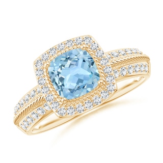 6mm AAA Twisted Rope Cushion Aquamarine Halo Ring in Yellow Gold