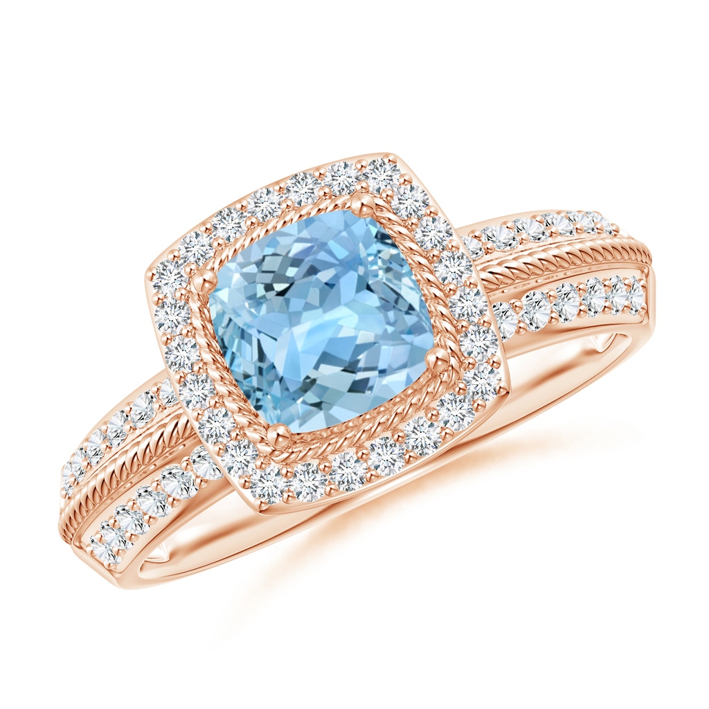 6mm AAAA Twisted Rope Cushion Aquamarine Halo Ring in Rose Gold