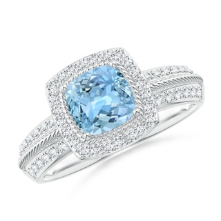6mm AAAA Twisted Rope Cushion Aquamarine Halo Ring in White Gold