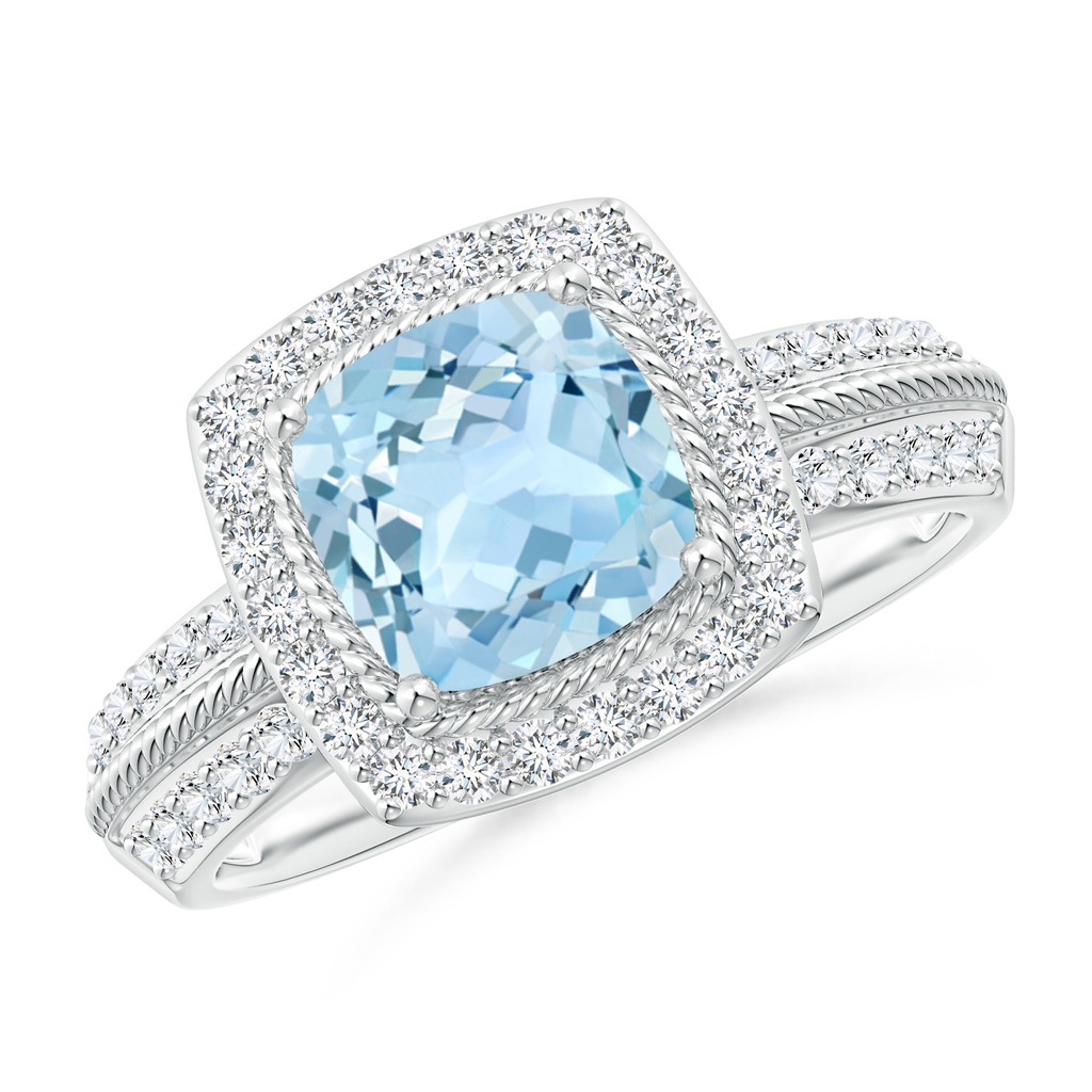 7mm AAA Twisted Rope Cushion Aquamarine Halo Ring in White Gold 