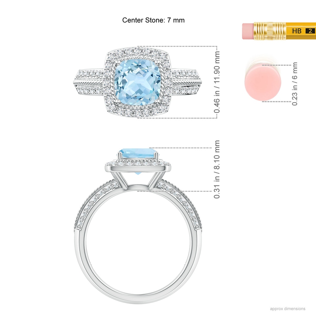 7mm AAA Twisted Rope Cushion Aquamarine Halo Ring in White Gold Ruler