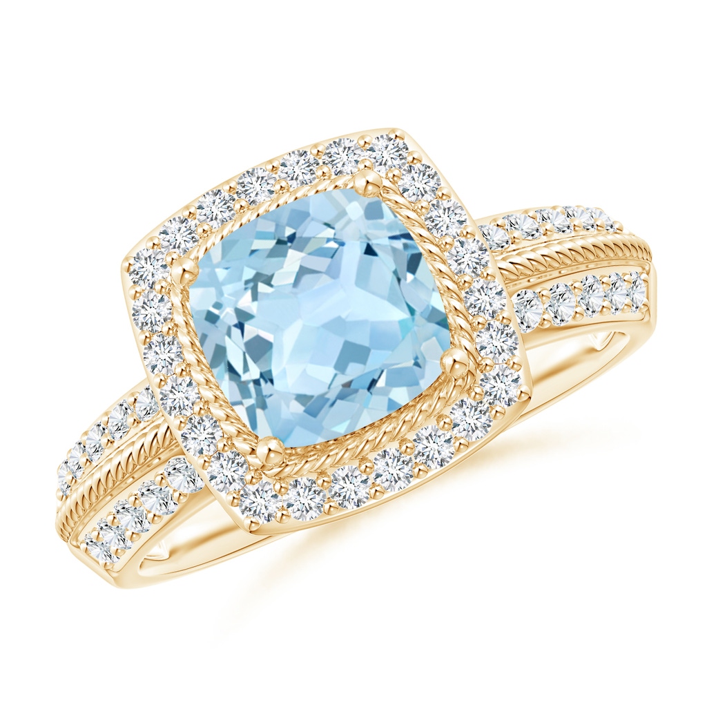 7mm AAA Twisted Rope Cushion Aquamarine Halo Ring in Yellow Gold