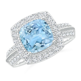 8mm AAAA Twisted Rope Cushion Aquamarine Halo Ring in White Gold