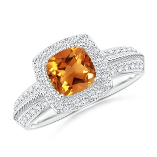 6mm AAA Twisted Rope Cushion Citrine Halo Ring in White Gold