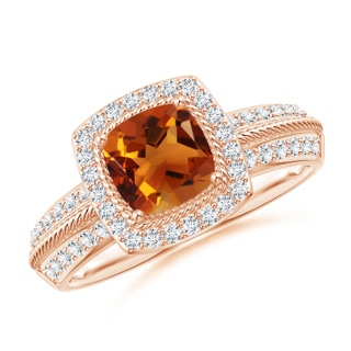 6mm AAAA Twisted Rope Cushion Citrine Halo Ring in Rose Gold