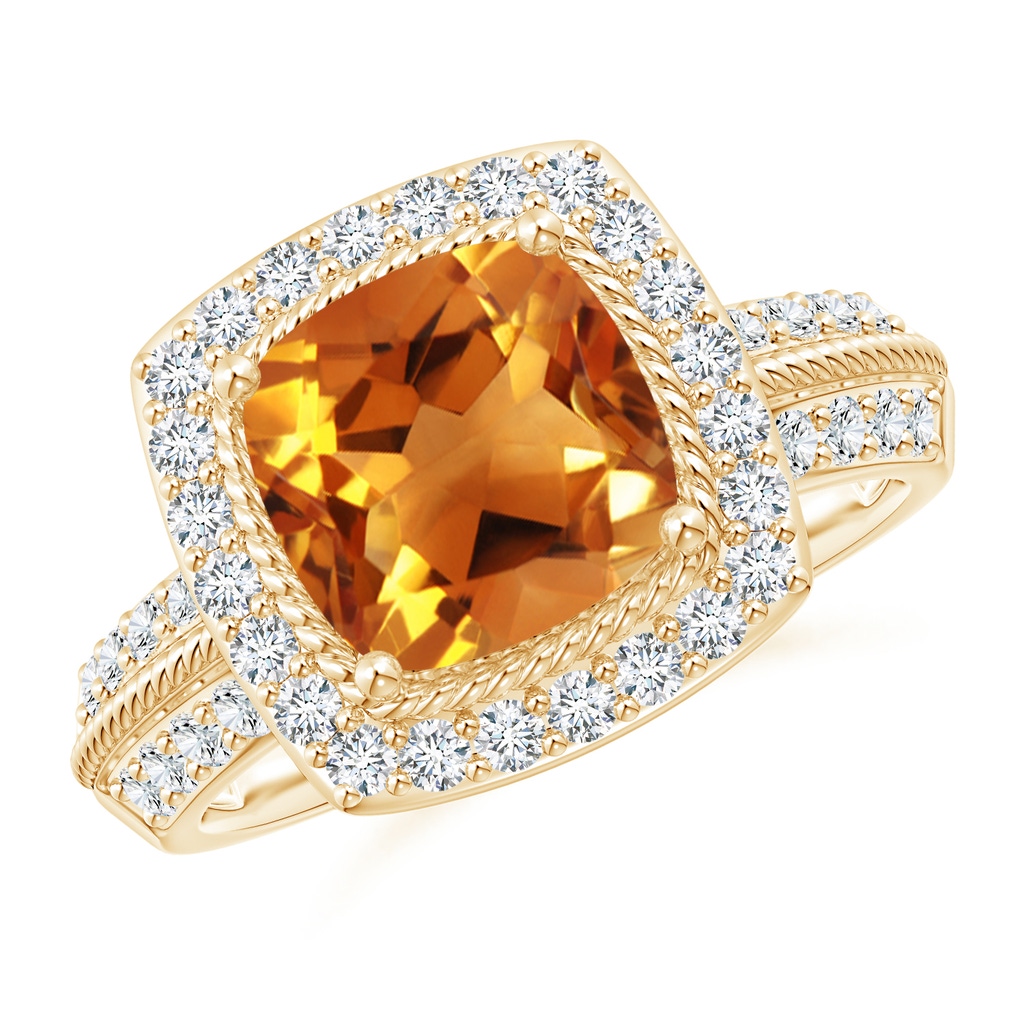 8mm AAA Twisted Rope Cushion Citrine Halo Ring in Yellow Gold