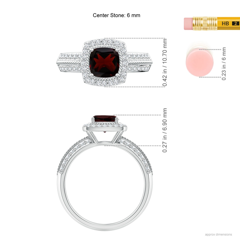 6mm A Twisted Rope Cushion Garnet Halo Ring in P950 Platinum ruler