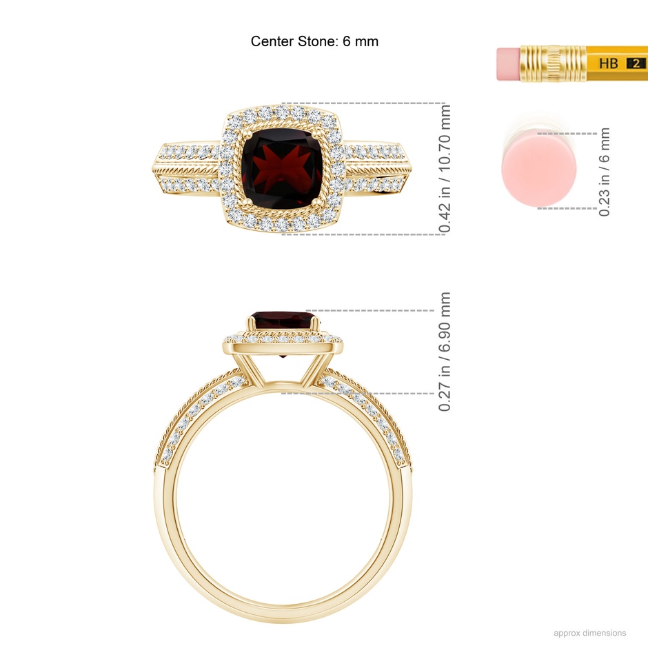 6mm A Twisted Rope Cushion Garnet Halo Ring in Yellow Gold ruler