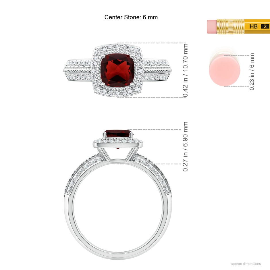 6mm AAA Twisted Rope Cushion Garnet Halo Ring in White Gold ruler