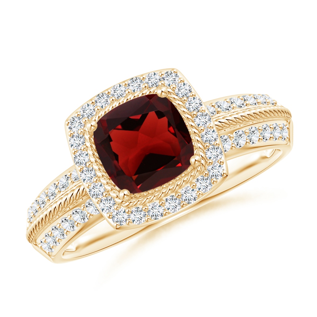 6mm AAA Twisted Rope Cushion Garnet Halo Ring in Yellow Gold 