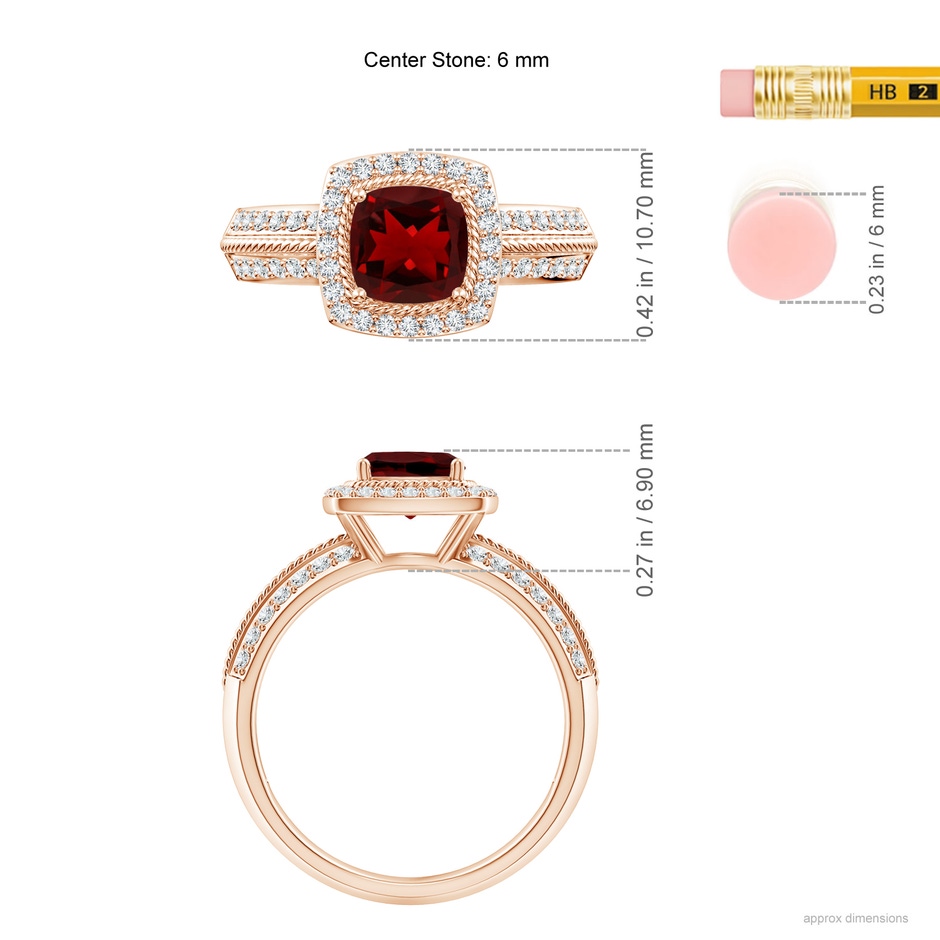 6mm AAAA Twisted Rope Cushion Garnet Halo Ring in Rose Gold ruler