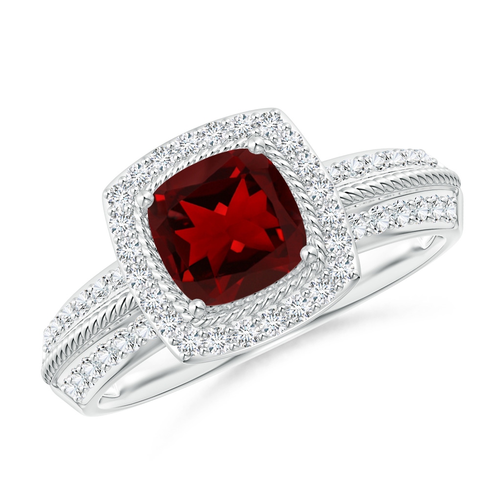 6mm AAAA Twisted Rope Cushion Garnet Halo Ring in White Gold