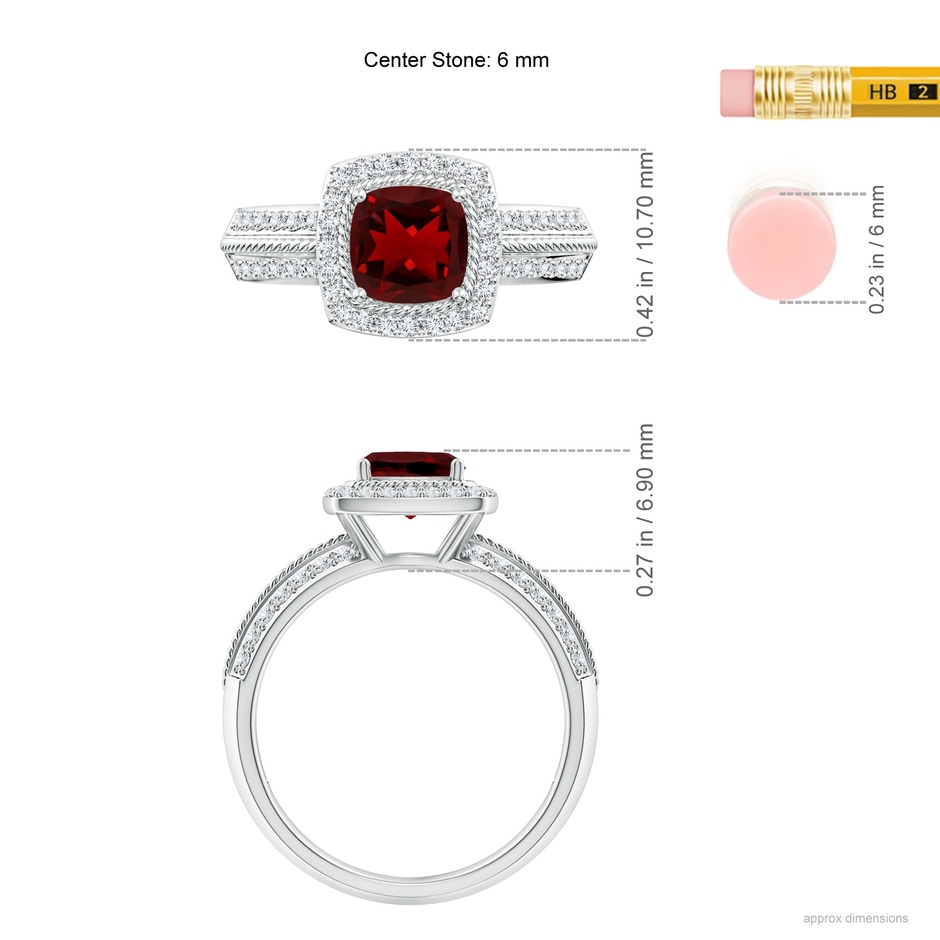 6mm AAAA Twisted Rope Cushion Garnet Halo Ring in White Gold ruler