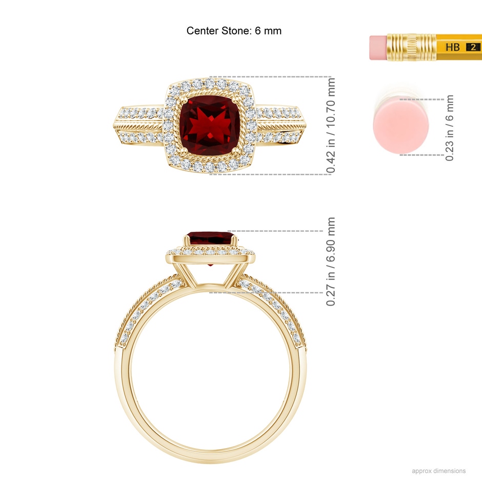 6mm AAAA Twisted Rope Cushion Garnet Halo Ring in Yellow Gold ruler