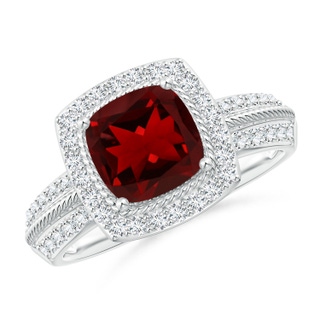 7mm AAAA Twisted Rope Cushion Garnet Halo Ring in White Gold