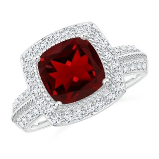 8mm AAAA Twisted Rope Cushion Garnet Halo Ring in P950 Platinum