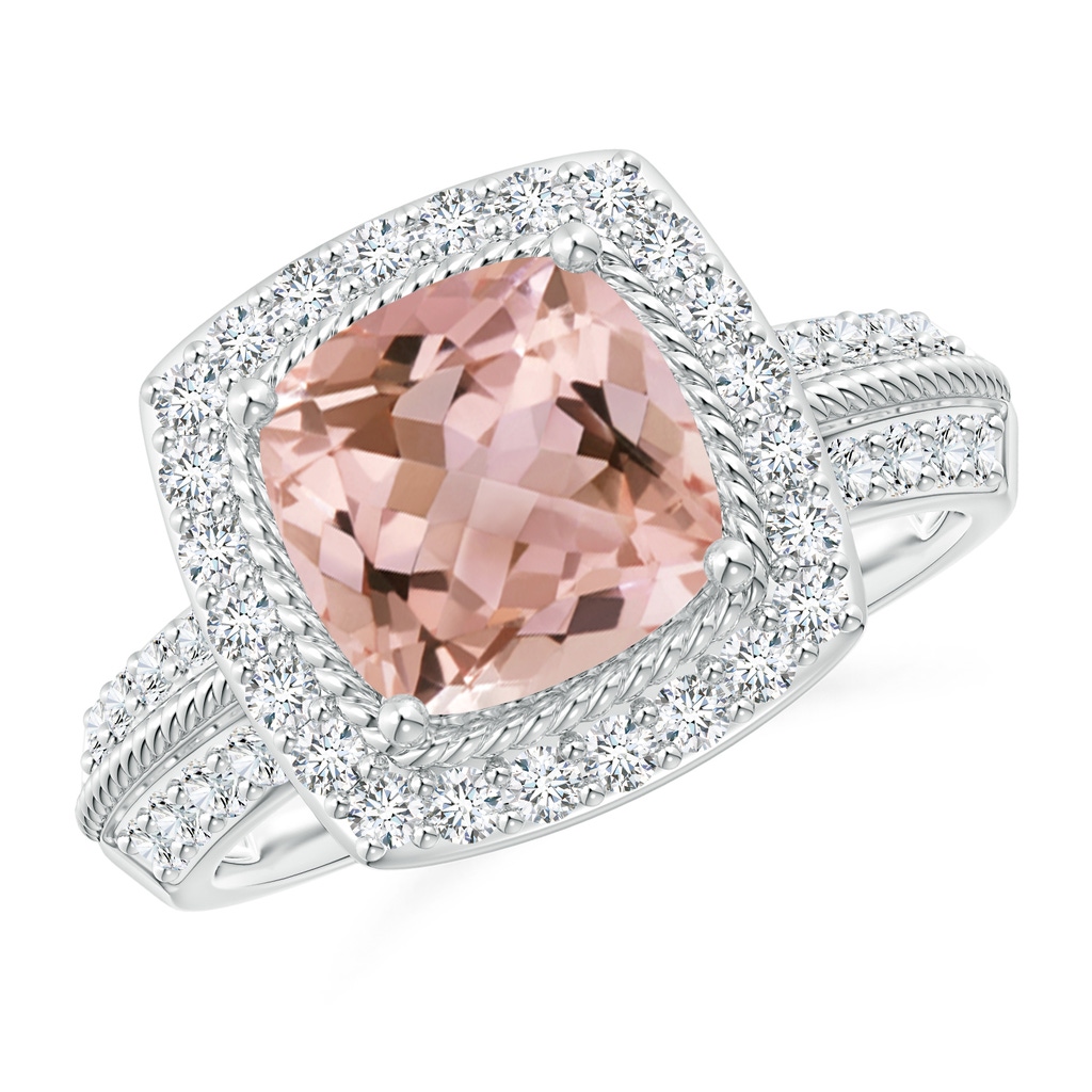 8mm AAAA Twisted Rope Cushion Morganite Halo Ring in White Gold