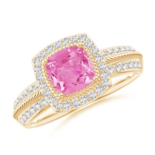 6mm AA Twisted Rope Cushion Pink Sapphire Halo Ring in Yellow Gold