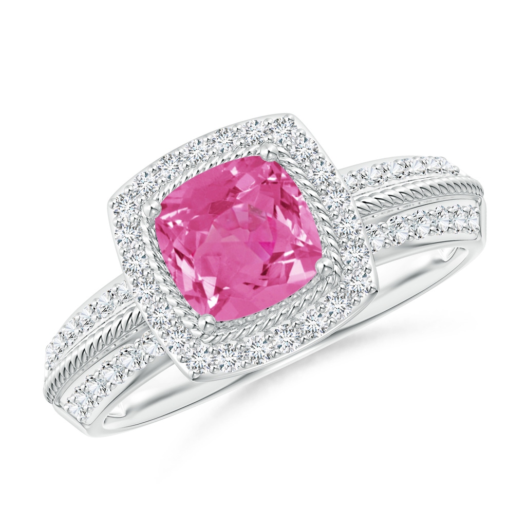 6mm AAA Twisted Rope Cushion Pink Sapphire Halo Ring in White Gold