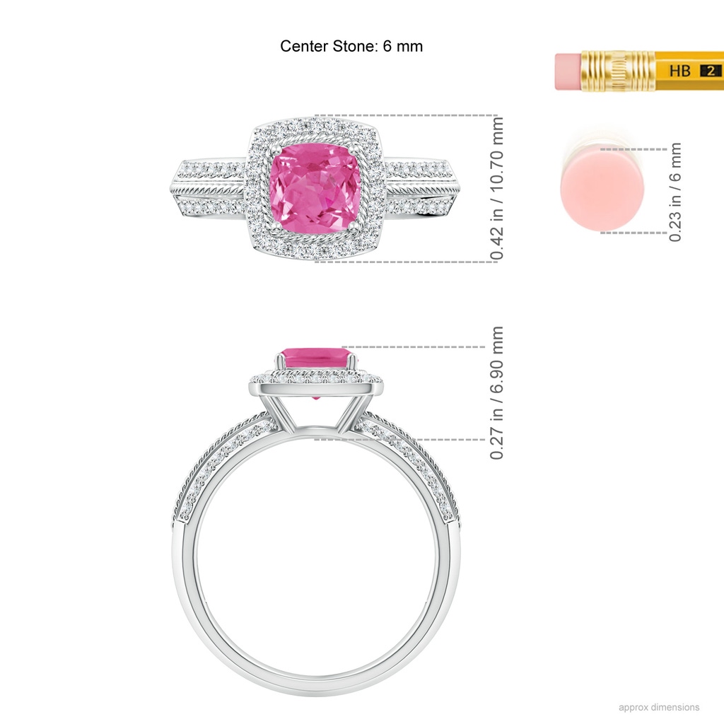 6mm AAA Twisted Rope Cushion Pink Sapphire Halo Ring in White Gold Ruler
