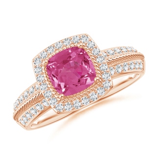 6mm AAAA Twisted Rope Cushion Pink Sapphire Halo Ring in 9K Rose Gold