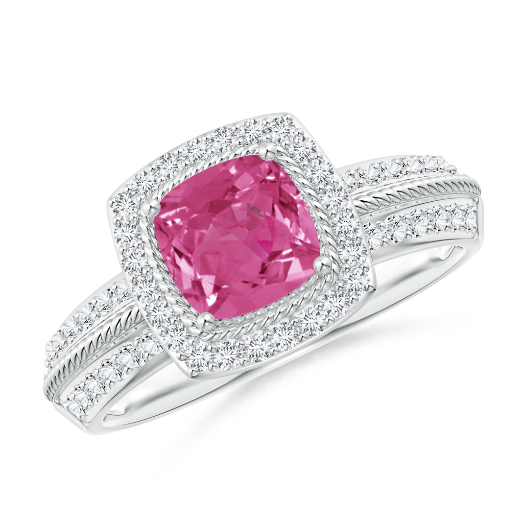 6mm AAAA Twisted Rope Cushion Pink Sapphire Halo Ring in P950 Platinum