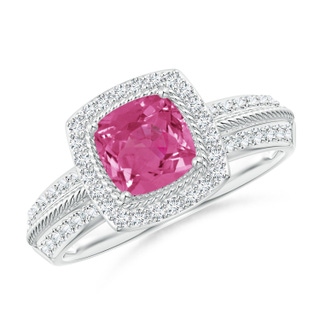 6mm AAAA Twisted Rope Cushion Pink Sapphire Halo Ring in White Gold