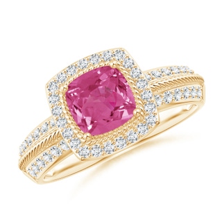 6mm AAAA Twisted Rope Cushion Pink Sapphire Halo Ring in Yellow Gold