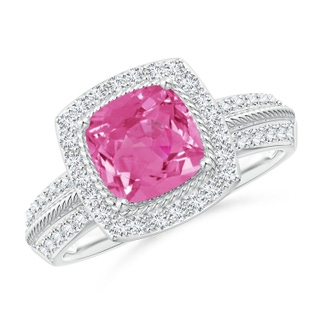 7mm AAA Twisted Rope Cushion Pink Sapphire Halo Ring in P950 Platinum