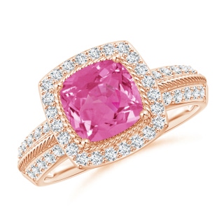 7mm AAA Twisted Rope Cushion Pink Sapphire Halo Ring in Rose Gold