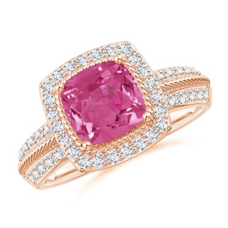 7mm AAAA Twisted Rope Cushion Pink Sapphire Halo Ring in 9K Rose Gold