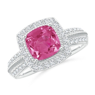 7mm AAAA Twisted Rope Cushion Pink Sapphire Halo Ring in P950 Platinum