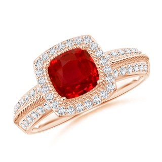 6mm AAA Twisted Rope Cushion Ruby Halo Ring in Rose Gold