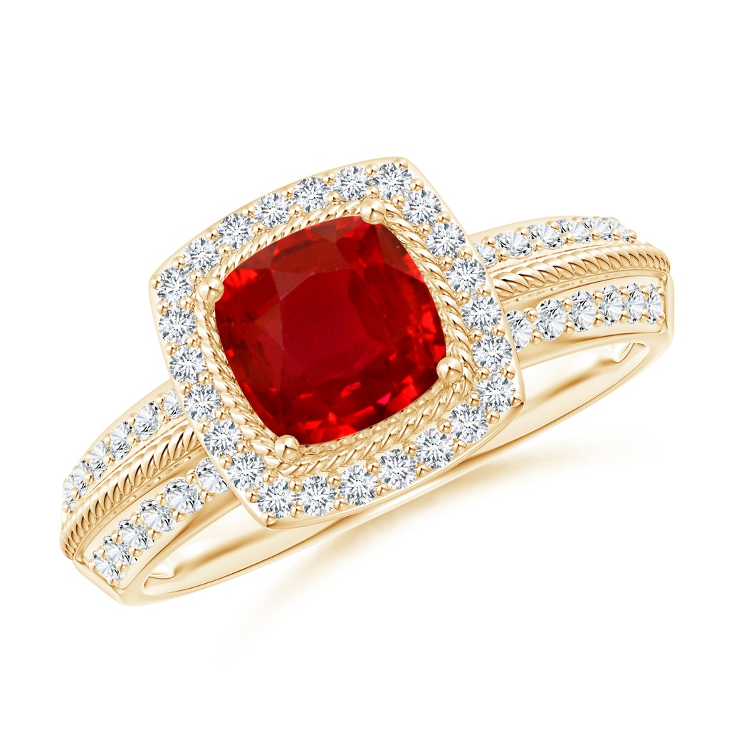 6mm AAA Twisted Rope Cushion Ruby Halo Ring in Yellow Gold