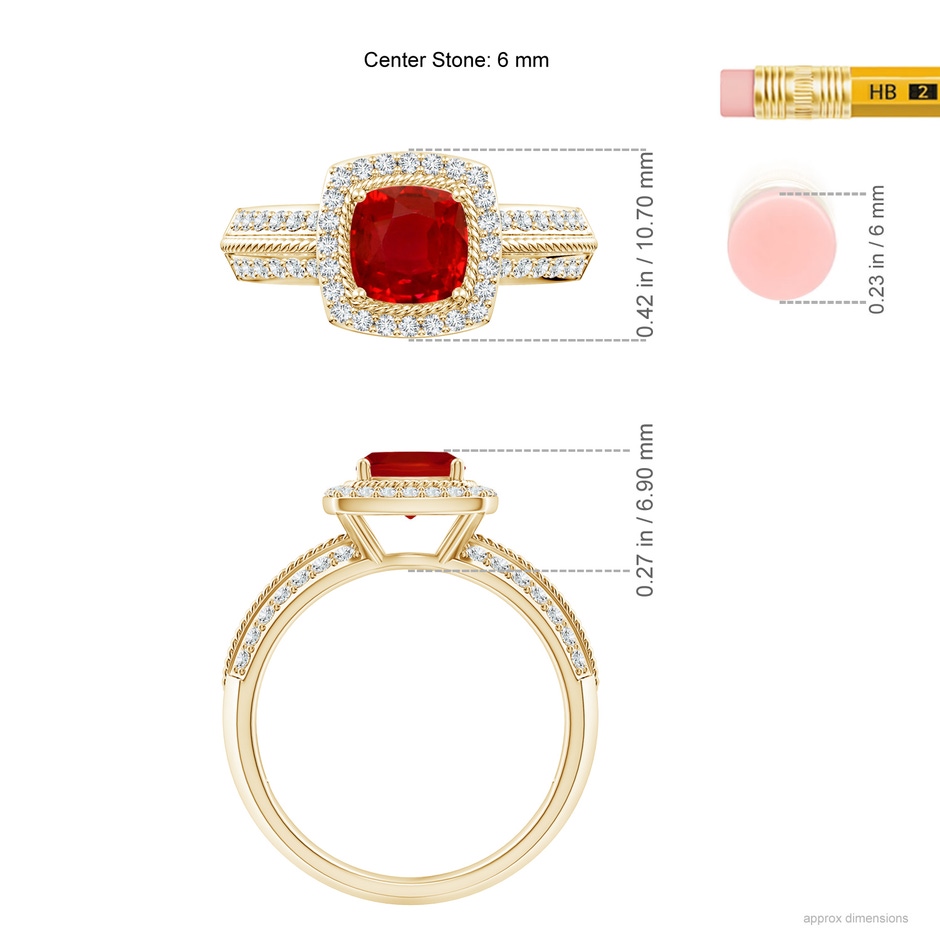 6mm AAA Twisted Rope Cushion Ruby Halo Ring in Yellow Gold ruler