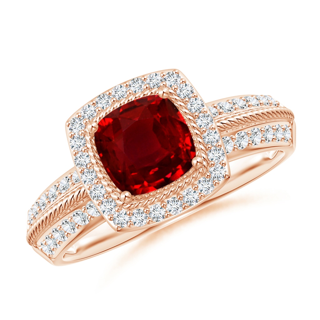 6mm AAAA Twisted Rope Cushion Ruby Halo Ring in Rose Gold