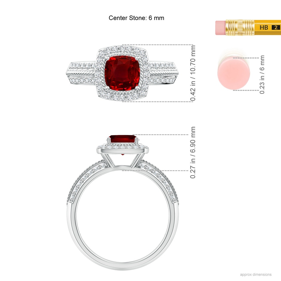 6mm Lab-Grown Twisted Rope Cushion Ruby Halo Ring in White Gold ruler