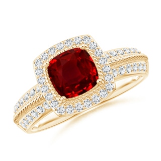 6mm AAAA Twisted Rope Cushion Ruby Halo Ring in Yellow Gold