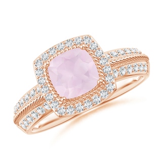 6mm A Twisted Rope Cushion Rose Quartz Halo Ring in Rose Gold