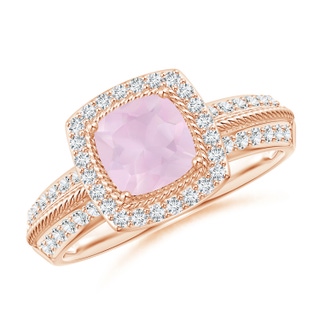 6mm AA Twisted Rope Cushion Rose Quartz Halo Ring in Rose Gold