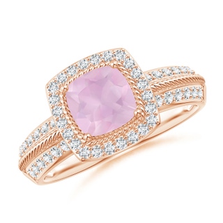 6mm AAA Twisted Rope Cushion Rose Quartz Halo Ring in Rose Gold